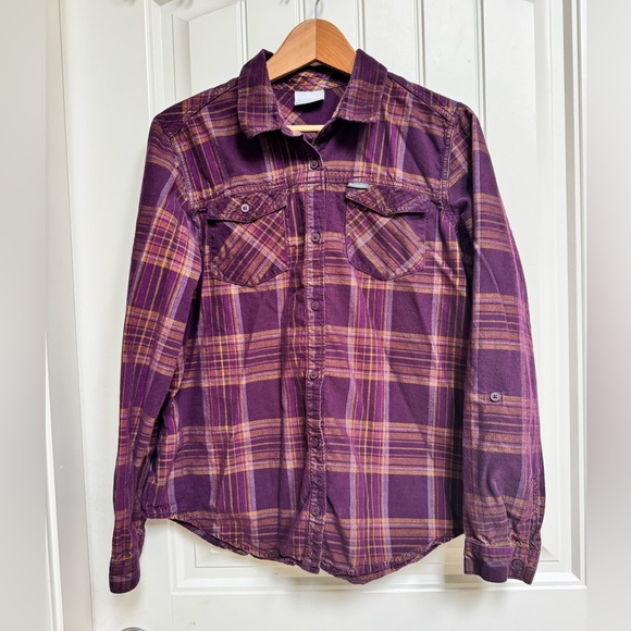 Columbia Tops - Columbia Burgundy & Orange Corduroy Plaid Adjustable Sleeve Button Up Shirt. L
